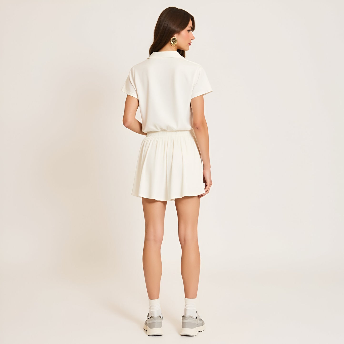 Short Sleeve Zip-Front Collared Romper with Elastic Waist and Flared Hem