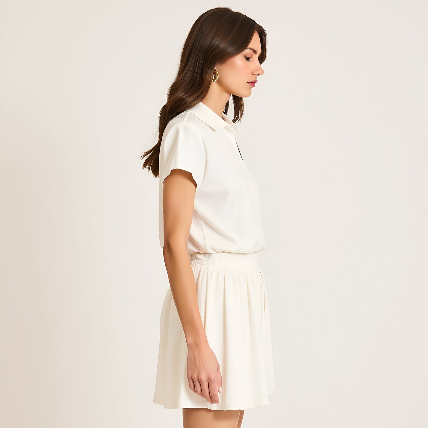 Short Sleeve Zip-Front Collared Romper with Elastic Waist and Flared Hem