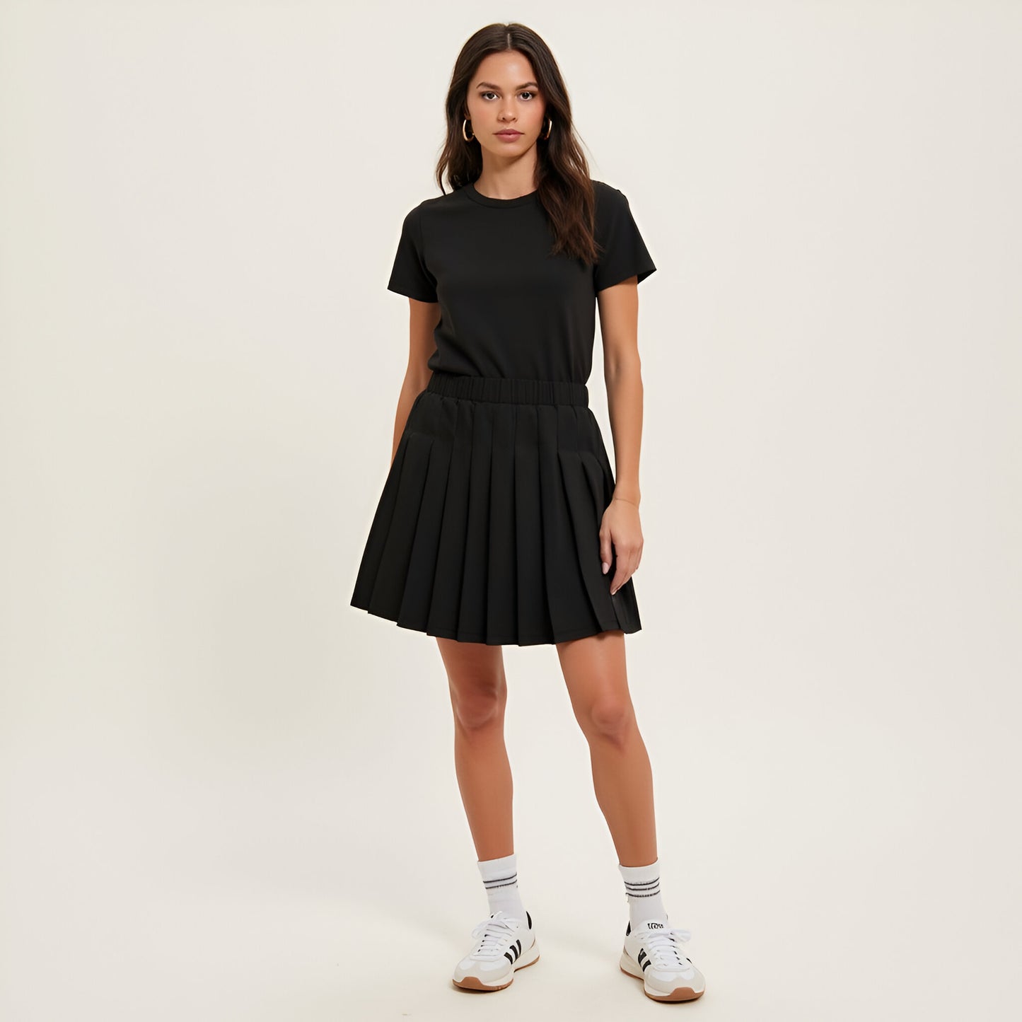 Pleated Mini Skirt with Elastic Waistband in Structured Woven Fabric
