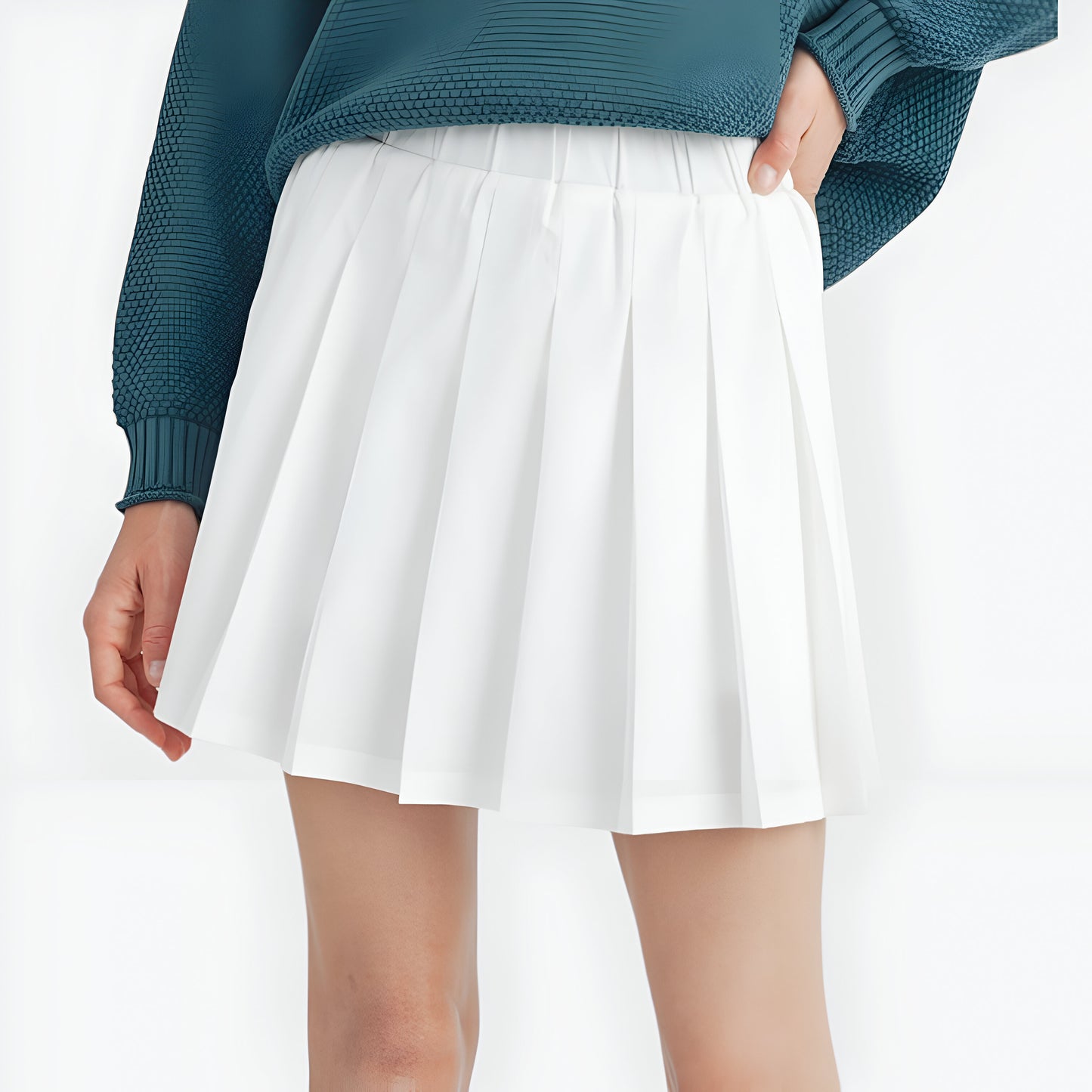 Pleated Mini Skirt with Elastic Waistband in Structured Woven Fabric