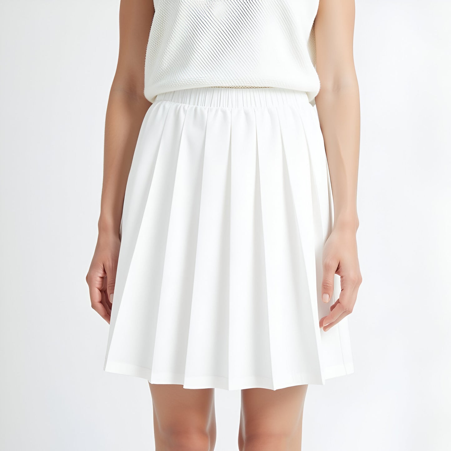 Pleated Mini Skirt with Elastic Waistband in Structured Woven Fabric