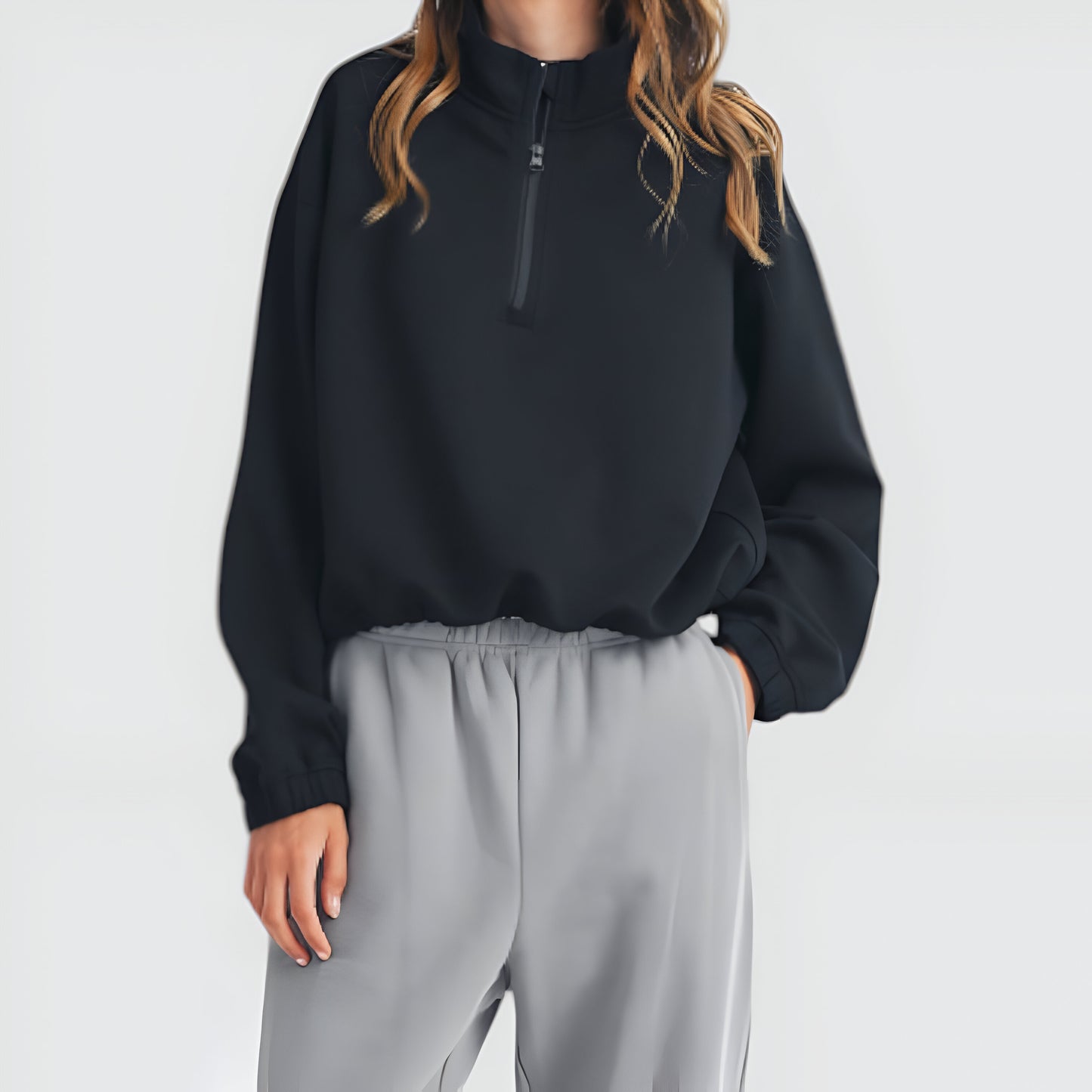 Scuba Quarter Zip Pullover Sweatshirt with Stand Collar and Ribbed Cuffs