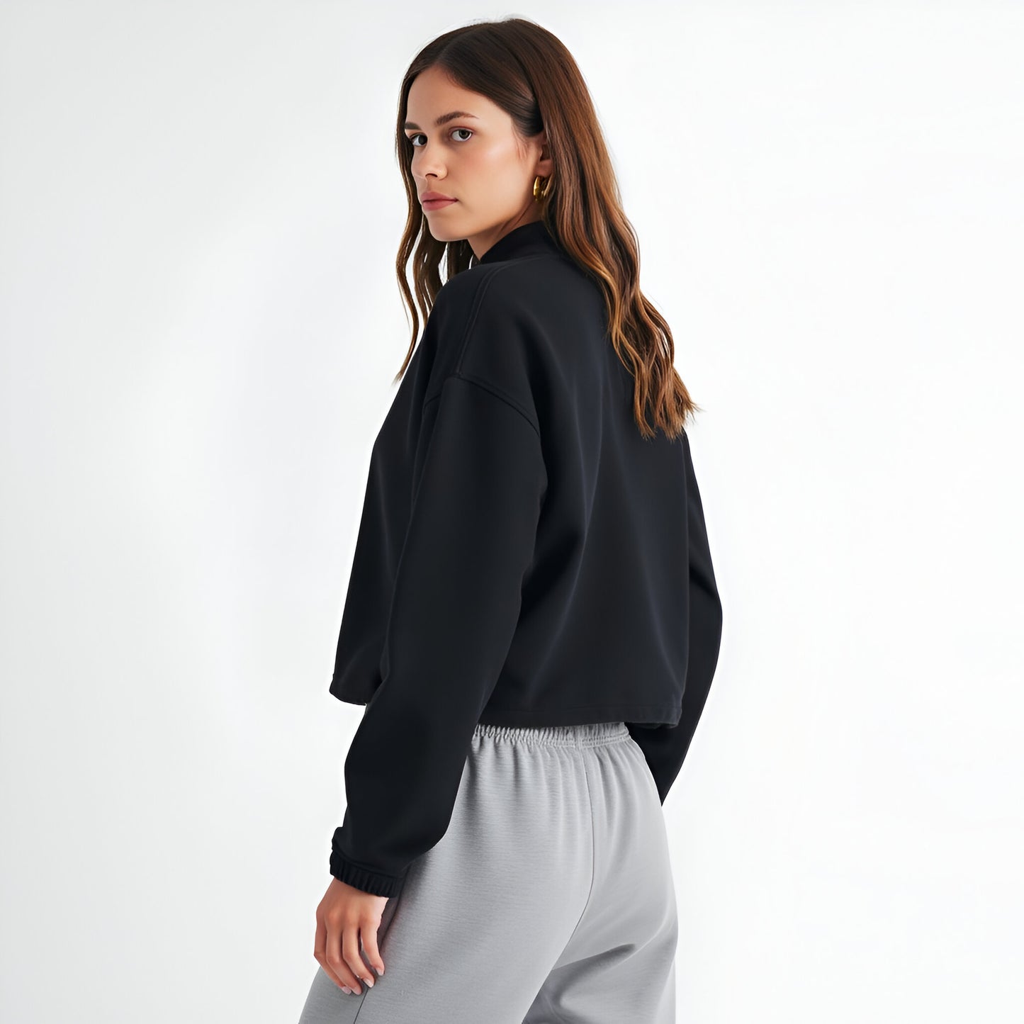 Scuba Quarter Zip Pullover Sweatshirt with Stand Collar and Ribbed Cuffs