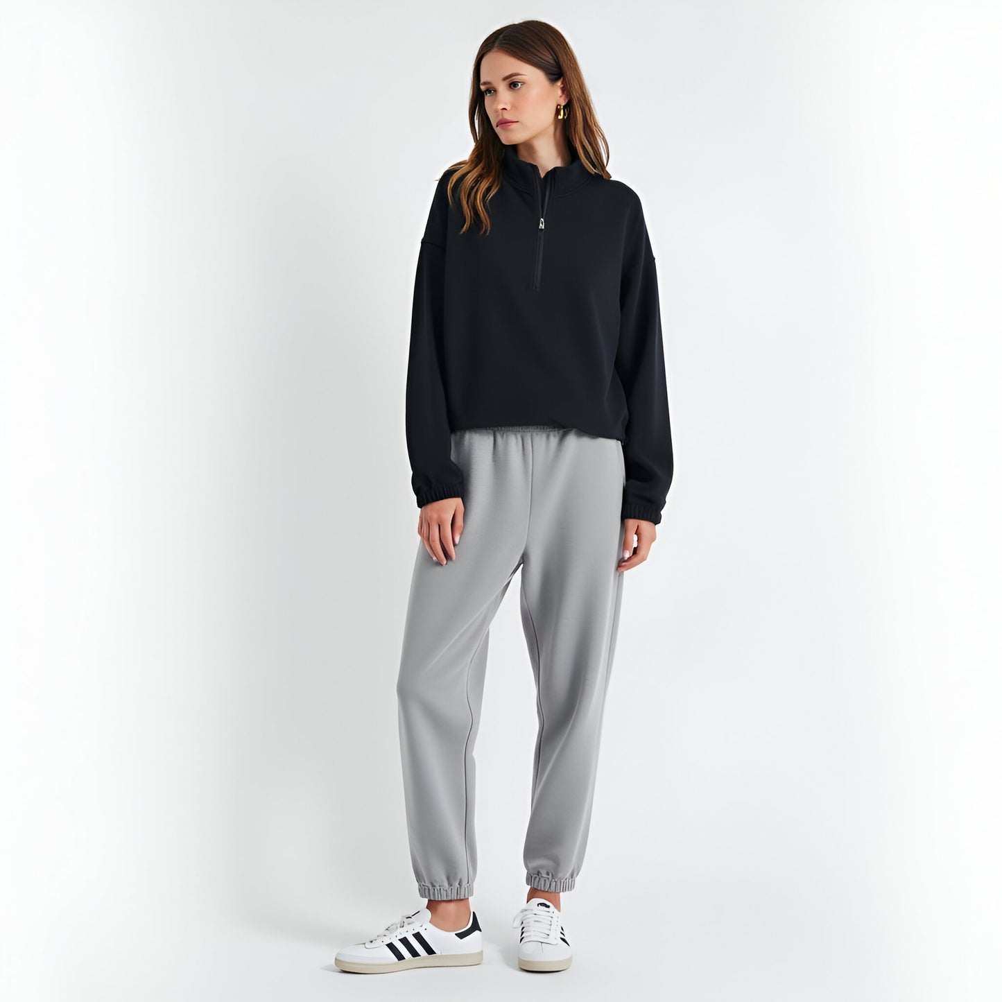 Scuba Quarter Zip Pullover Sweatshirt with Stand Collar and Ribbed Cuffs