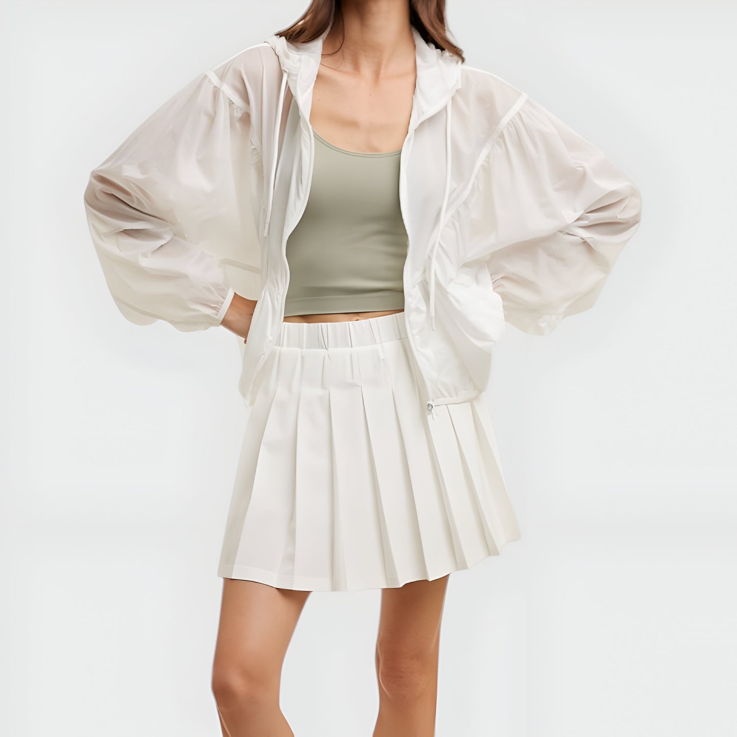 Sheer Zip-Up Hooded Windbreaker with Drawstring Waist and Patch Pockets