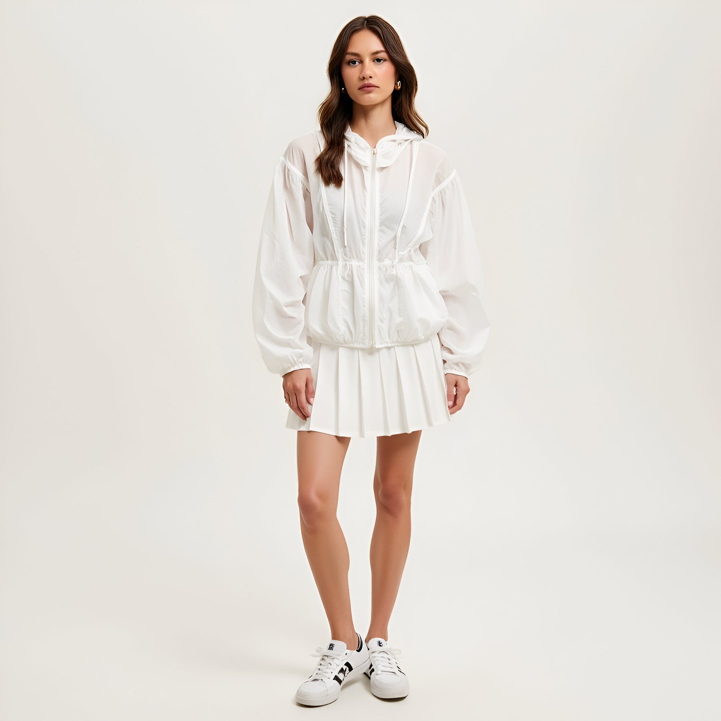 Sheer Zip-Up Hooded Windbreaker with Drawstring Waist and Patch Pockets