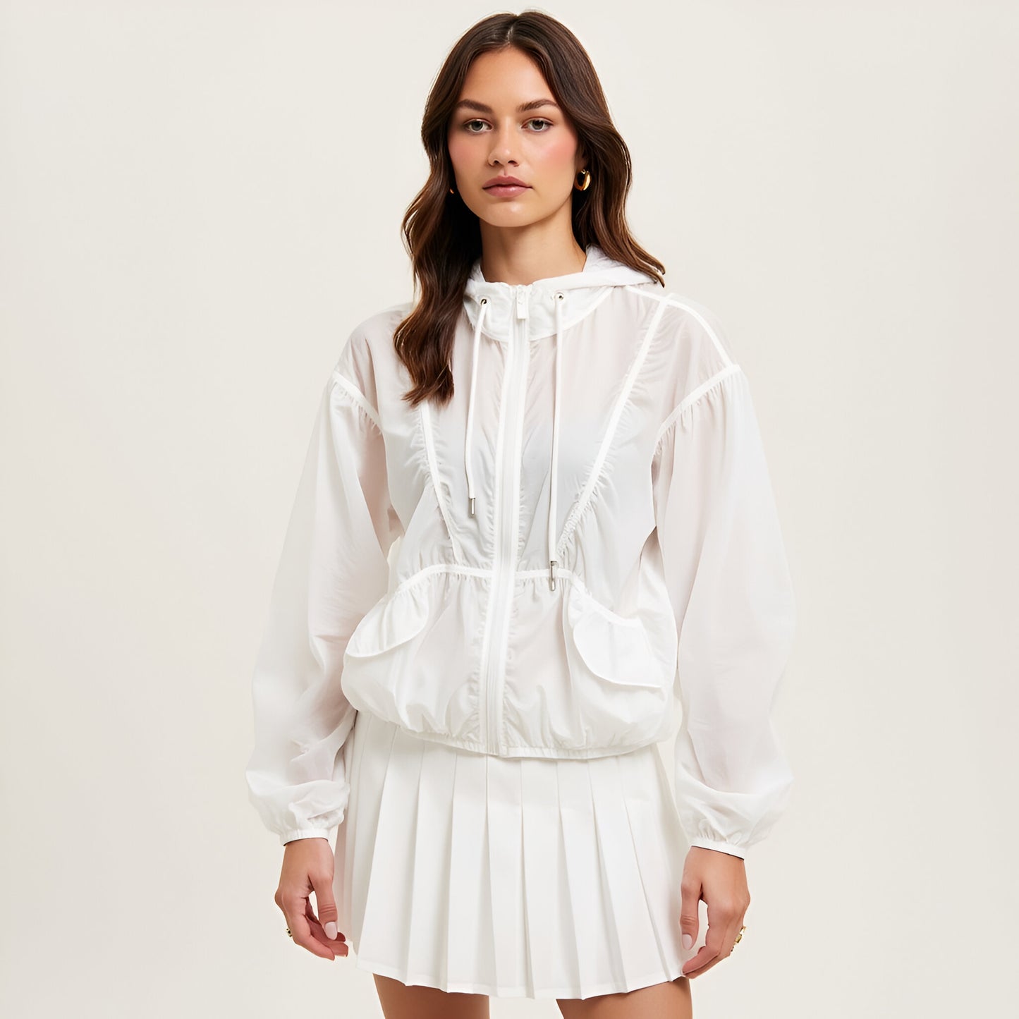 Sheer Zip-Up Hooded Windbreaker with Drawstring Waist and Patch Pockets