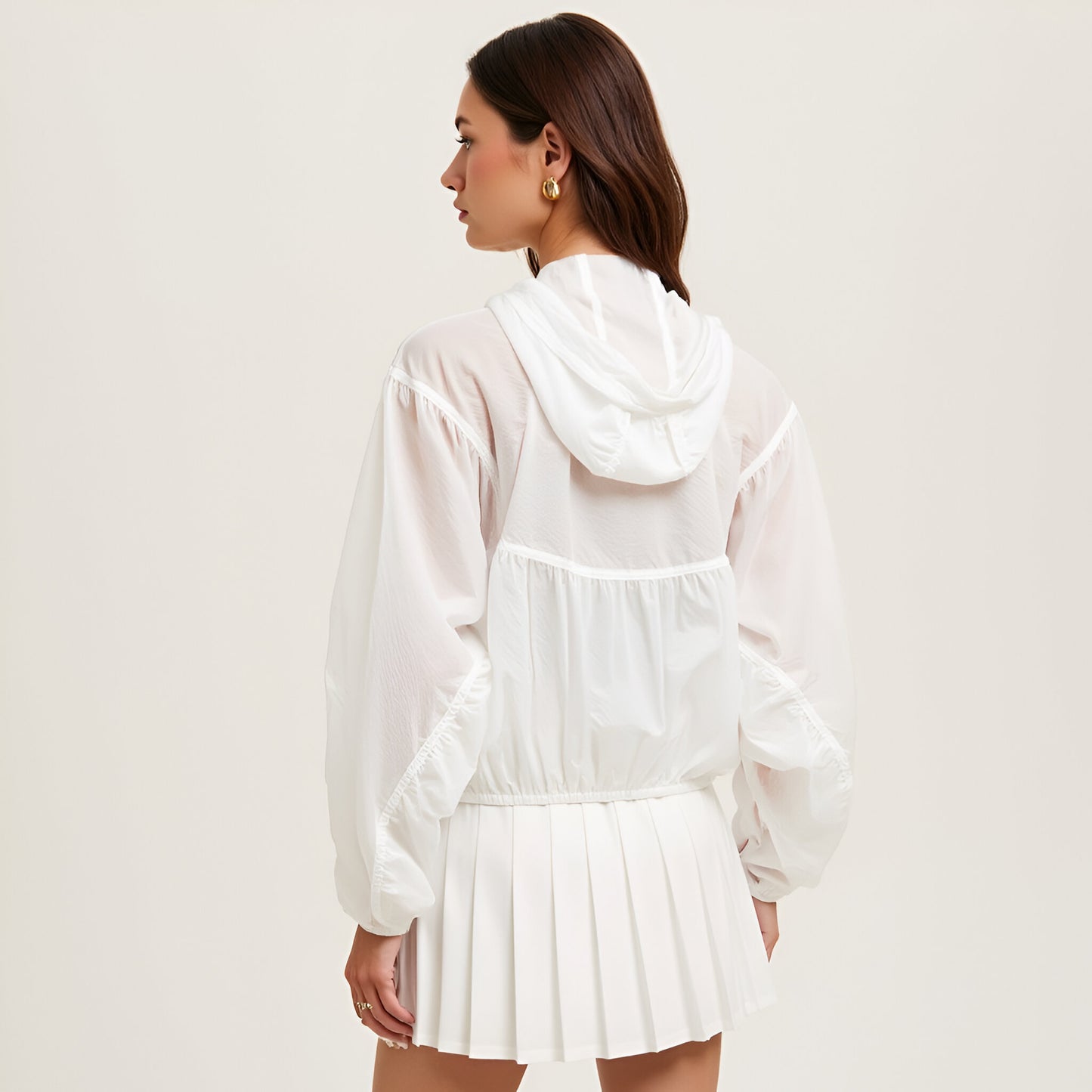 Sheer Zip-Up Hooded Windbreaker with Drawstring Waist and Patch Pockets