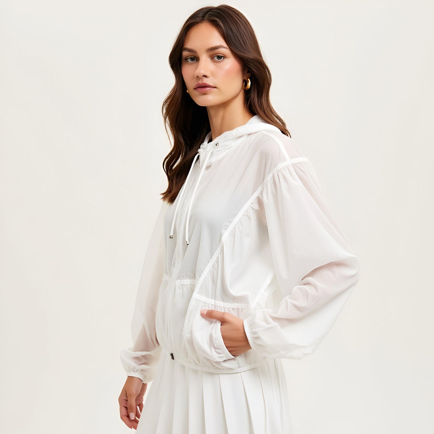 Sheer Zip-Up Hooded Windbreaker with Drawstring Waist and Patch Pockets