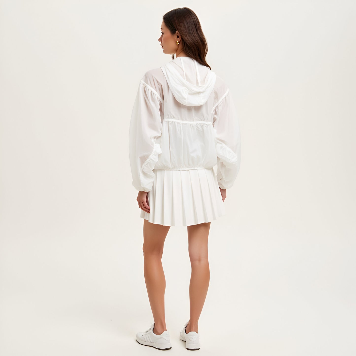 Sheer Zip-Up Hooded Windbreaker with Drawstring Waist and Patch Pockets