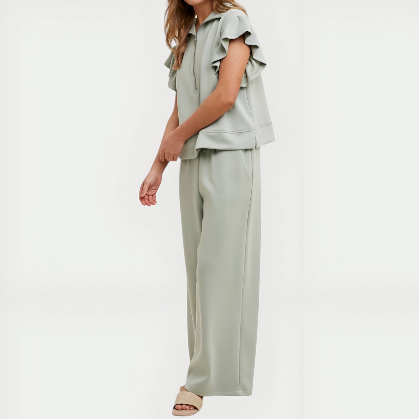 Scuba Flutter Sleeve Half-Zip Top and Wide Leg Relaxed Pants Lounge Set