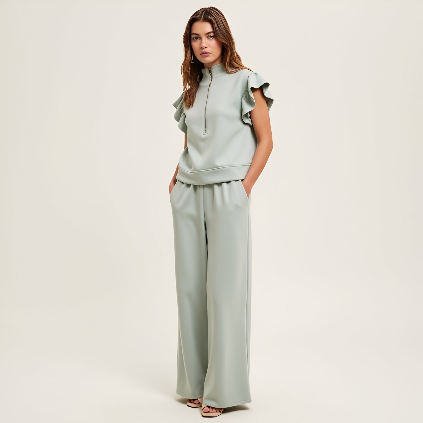 Scuba Flutter Sleeve Half-Zip Top and Wide Leg Relaxed Pants Lounge Set