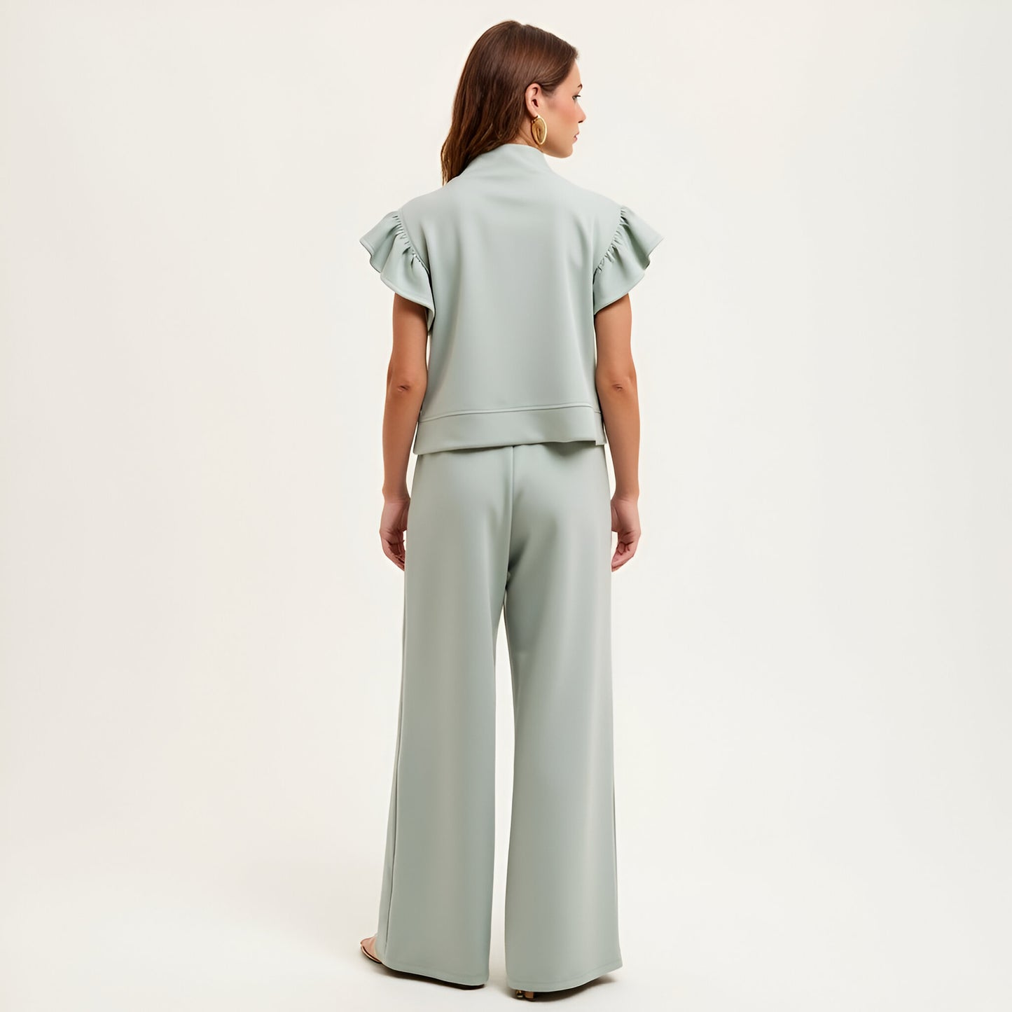 Scuba Flutter Sleeve Half-Zip Top and Wide Leg Relaxed Pants Lounge Set