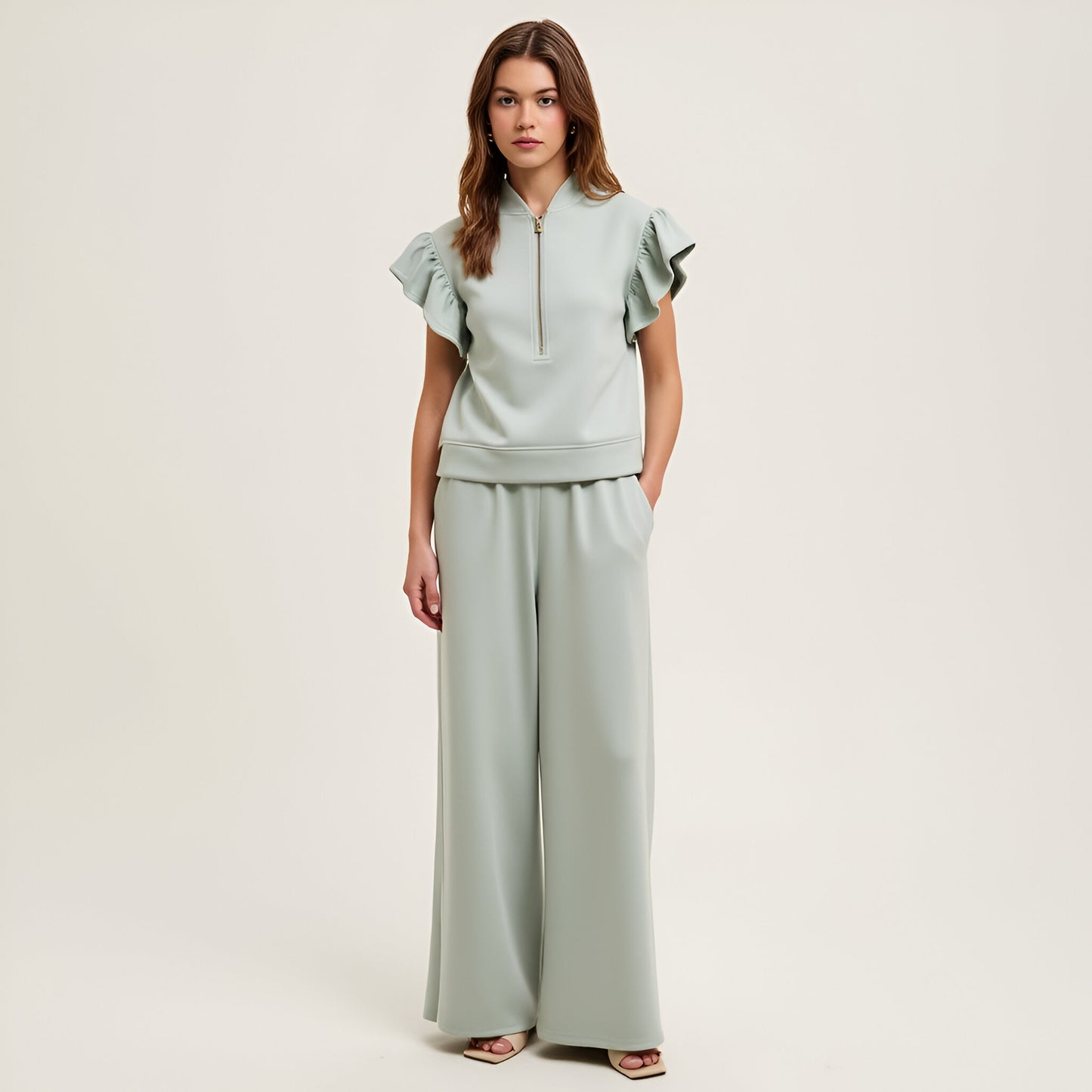 Scuba Flutter Sleeve Half-Zip Top and Wide Leg Relaxed Pants Lounge Set