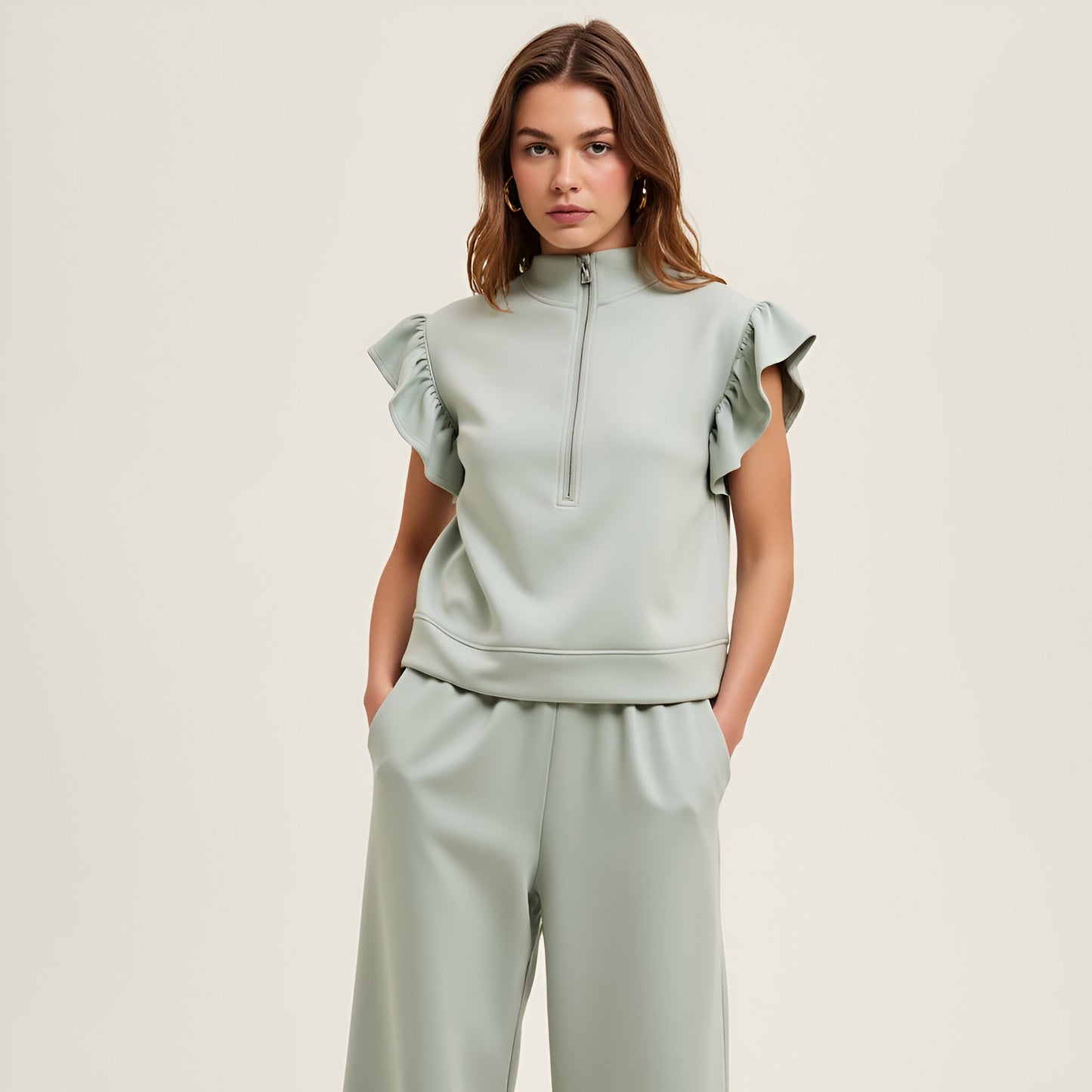Scuba Flutter Sleeve Half-Zip Top and Wide Leg Relaxed Pants Lounge Set