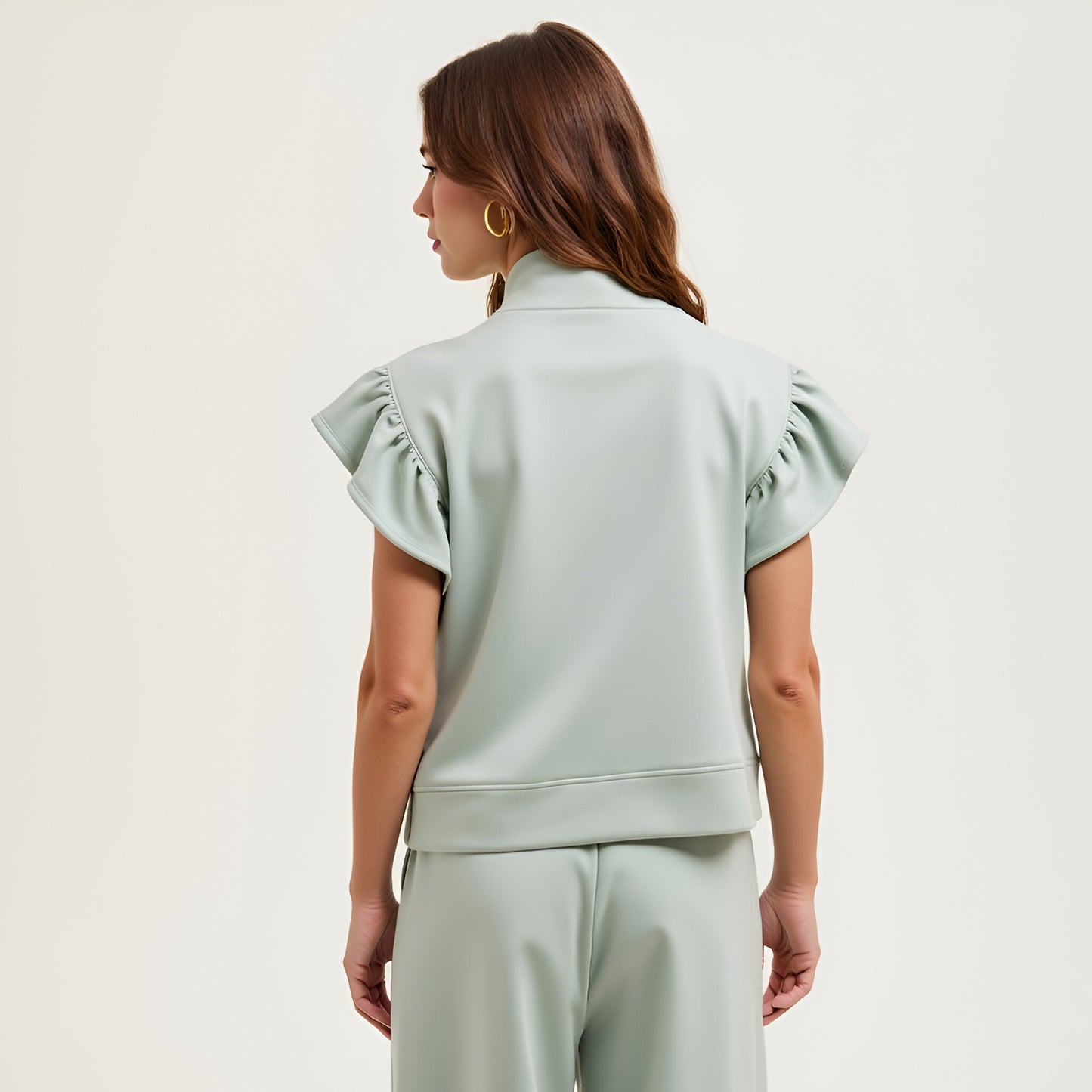 Scuba Flutter Sleeve Half-Zip Top and Wide Leg Relaxed Pants Lounge Set