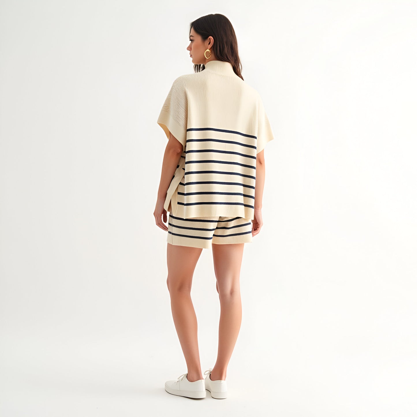 Striped Mock Neck Poncho Sweater and Drawstring Knit Shorts Lounge Set
