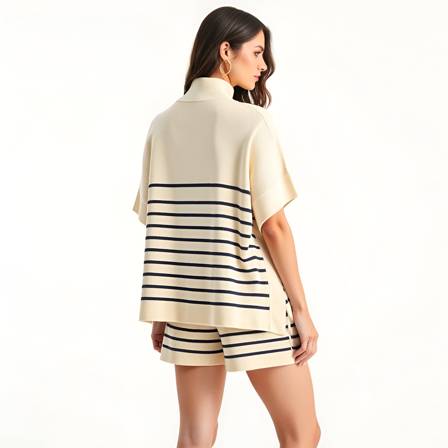 Striped Mock Neck Poncho Sweater and Drawstring Knit Shorts Lounge Set