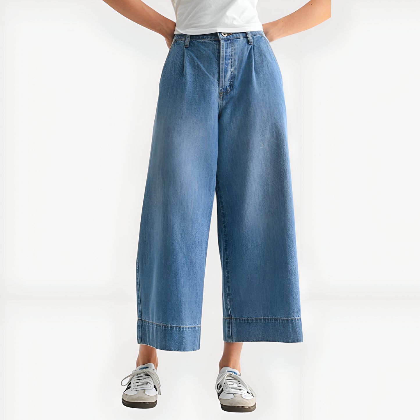 Wide Leg Cropped Denim Pants with High Waist and Cuffed Hem