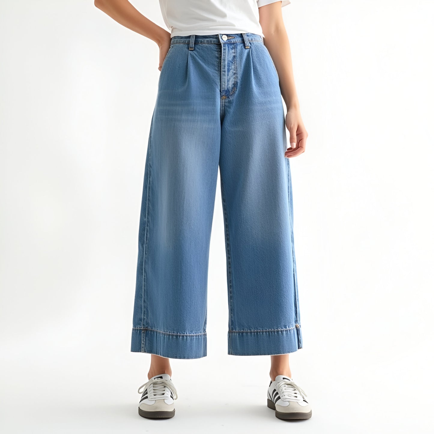 Wide Leg Cropped Denim Pants with High Waist and Cuffed Hem