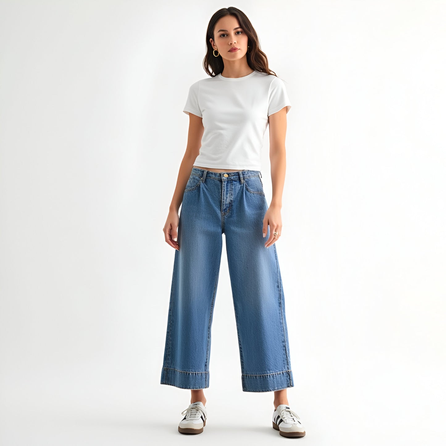 Wide Leg Cropped Denim Pants with High Waist and Cuffed Hem