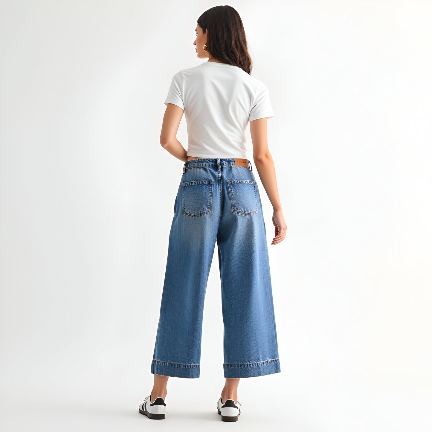 Wide Leg Cropped Denim Pants with High Waist and Cuffed Hem