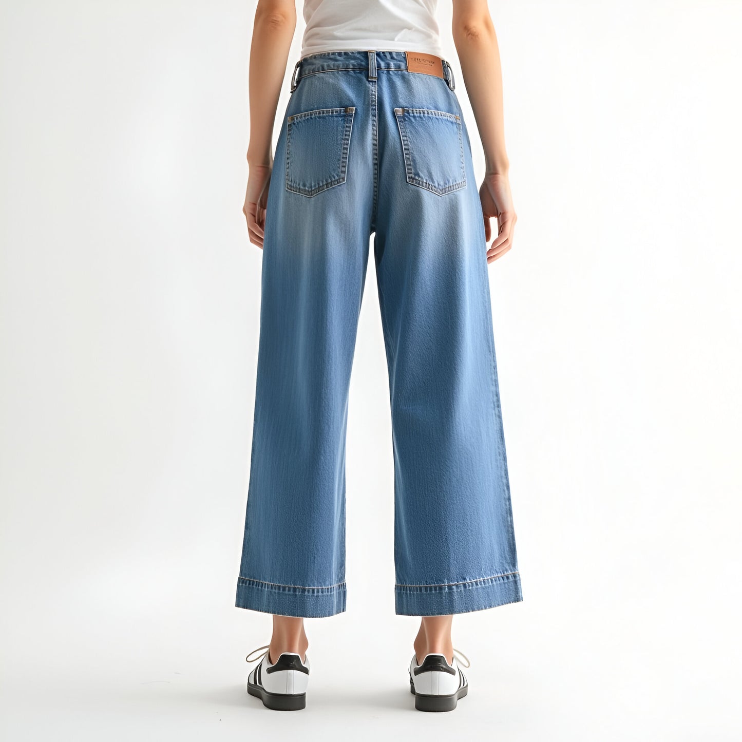 Wide Leg Cropped Denim Pants with High Waist and Cuffed Hem