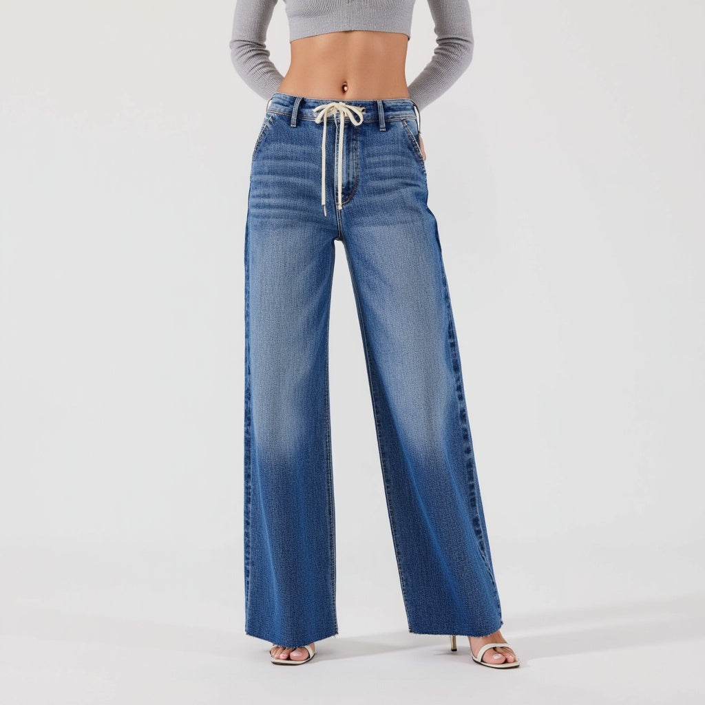 High Waist Light Wash Wide Leg Jeans with Statement Cuffs