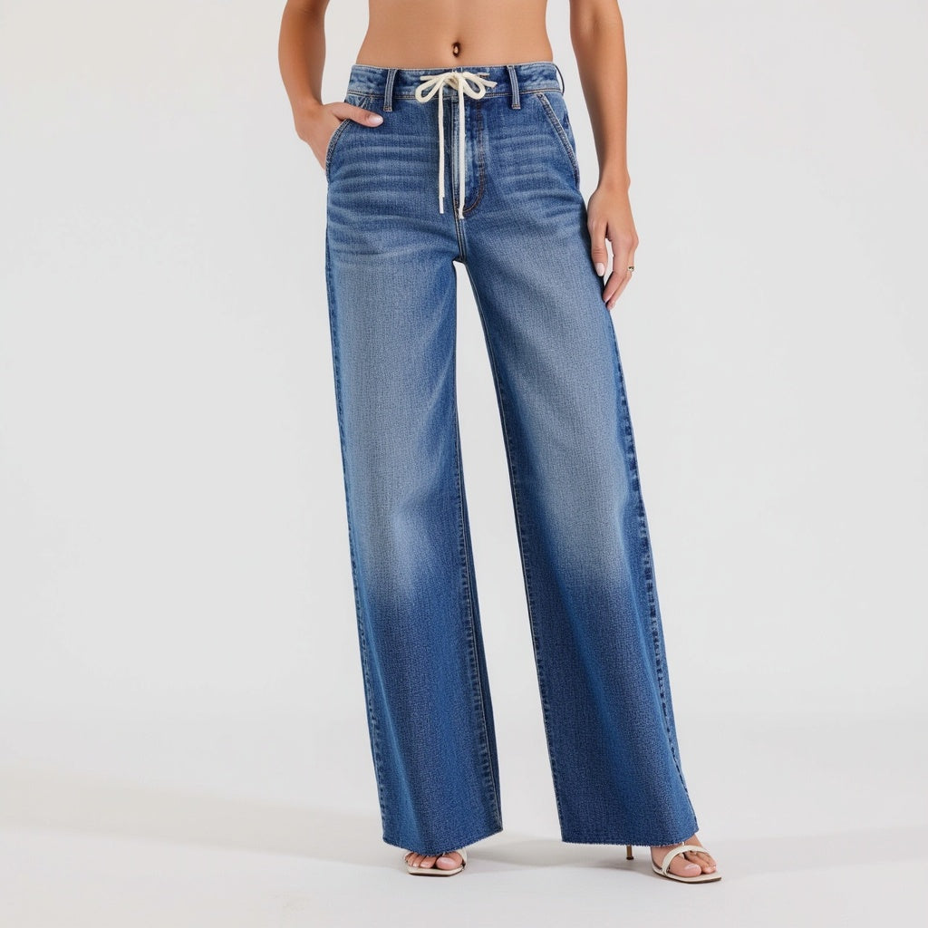 High Waist Light Wash Wide Leg Jeans with Statement Cuffs