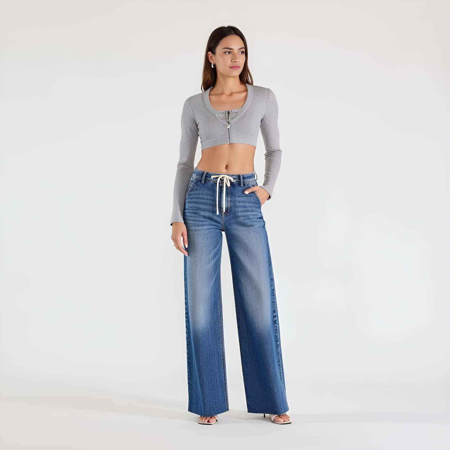 High Waist Light Wash Wide Leg Jeans with Statement Cuffs