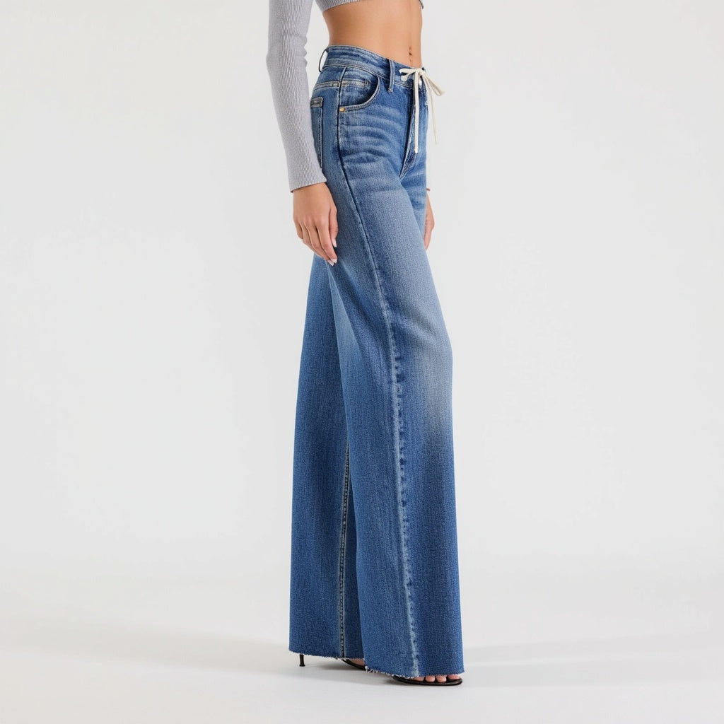 High Waist Light Wash Wide Leg Jeans with Statement Cuffs