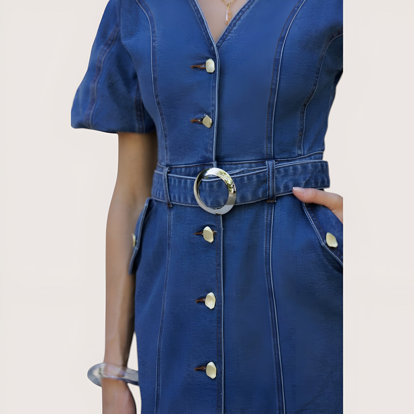 Denim Button-Front Midi Dress with Belt and Short Puff Sleeves