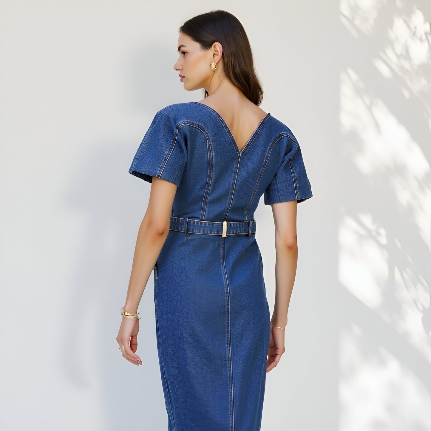 Denim Button-Front Midi Dress with Belt and Short Puff Sleeves