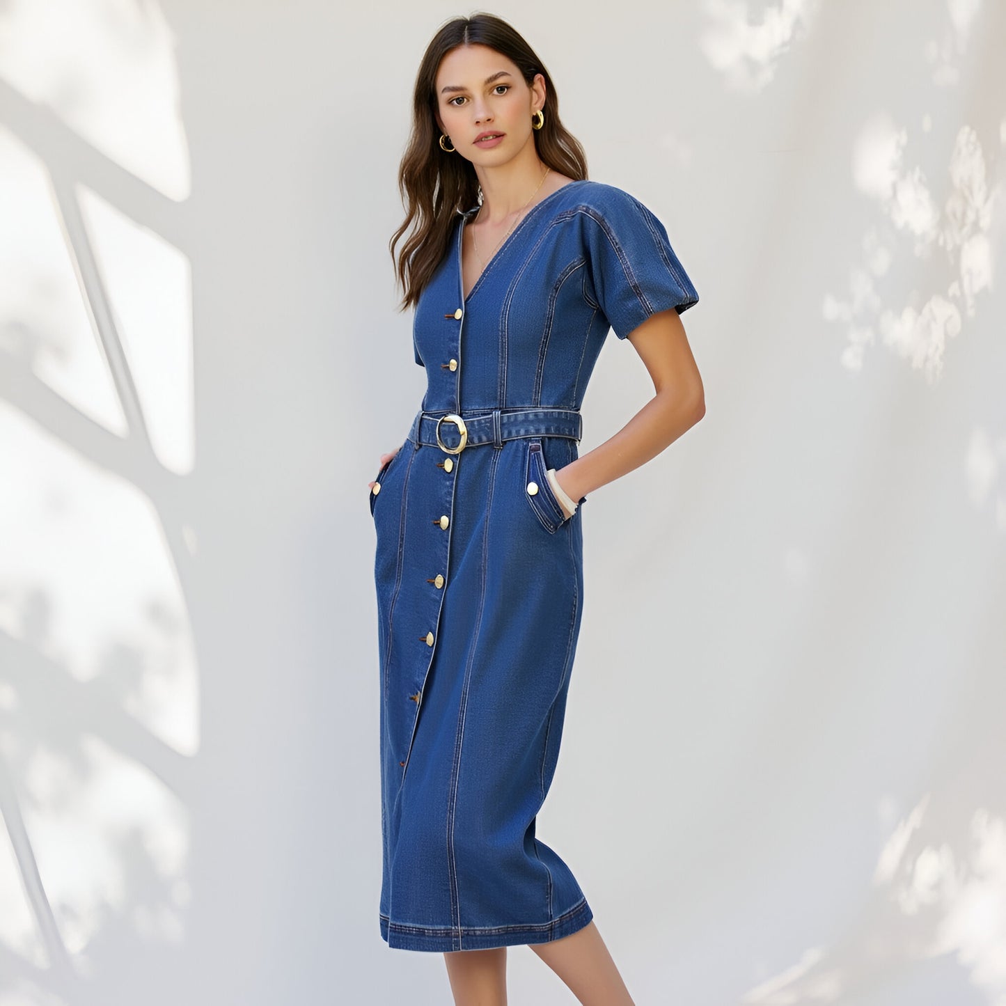 Denim Button-Front Midi Dress with Belt and Short Puff Sleeves