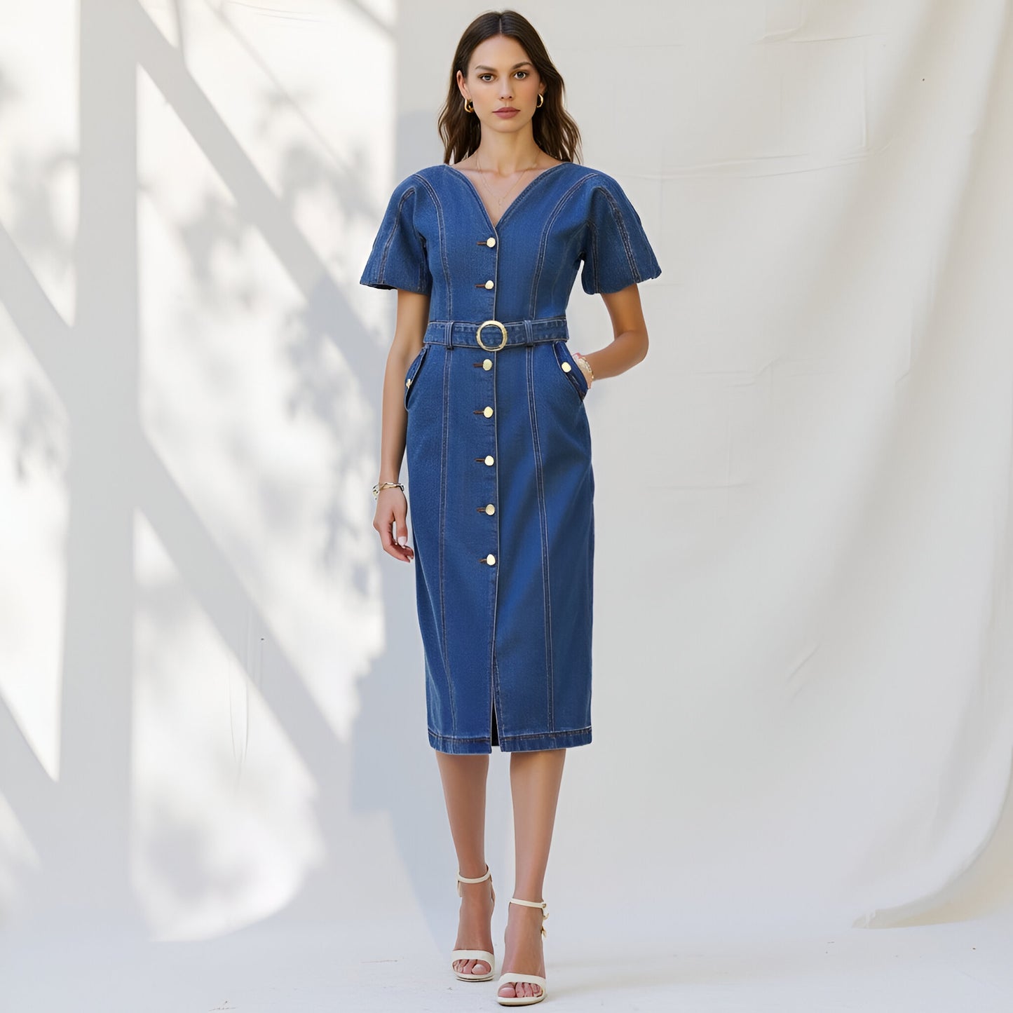 Denim Button-Front Midi Dress with Belt and Short Puff Sleeves
