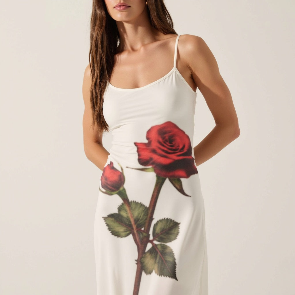 Sheer Rose Print Mesh Maxi Dress with Spaghetti Straps