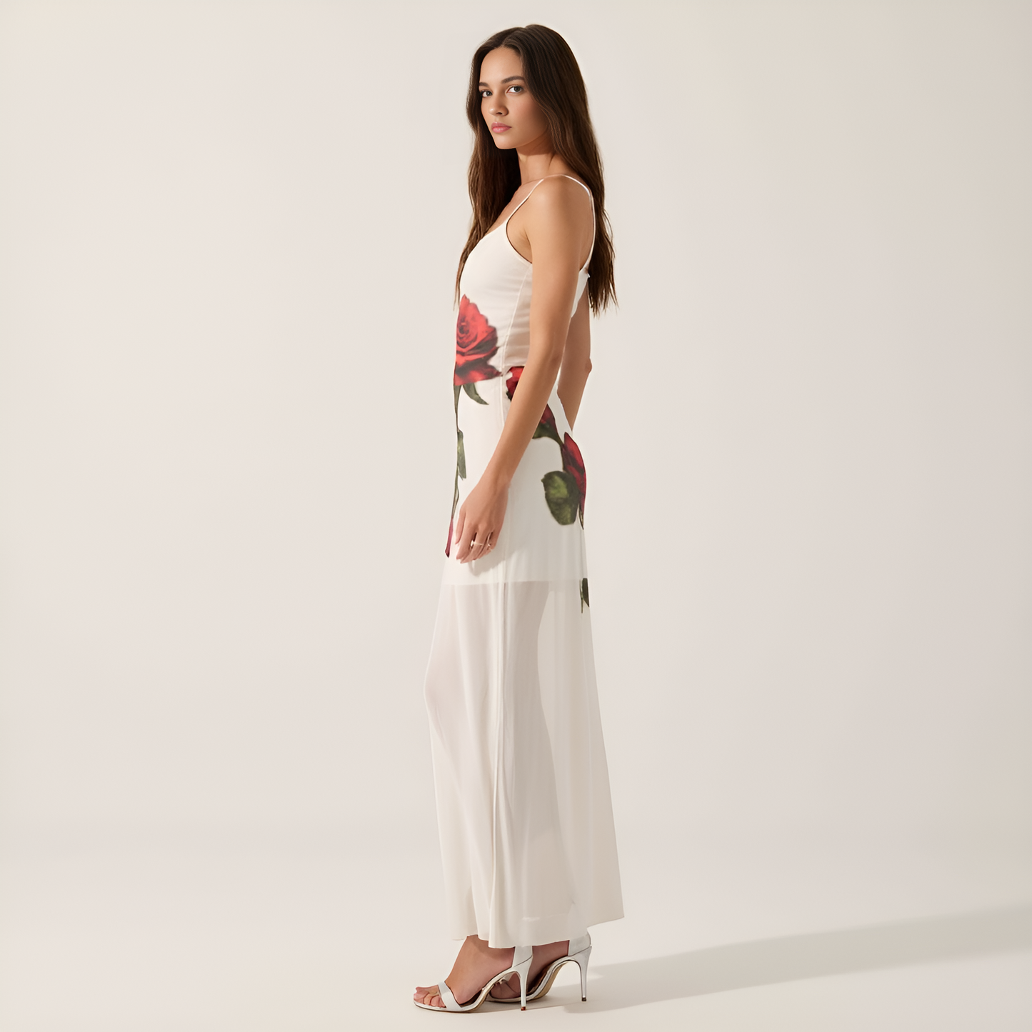 Sheer Rose Print Mesh Maxi Dress with Spaghetti Straps