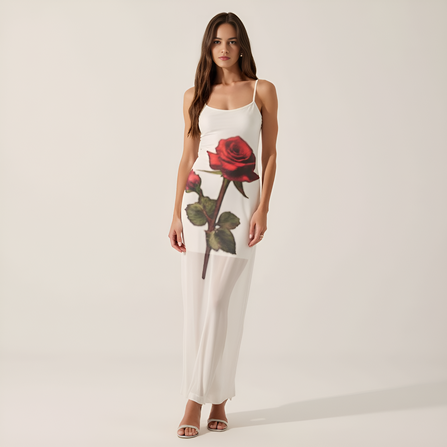 Sheer Rose Print Mesh Maxi Dress with Spaghetti Straps