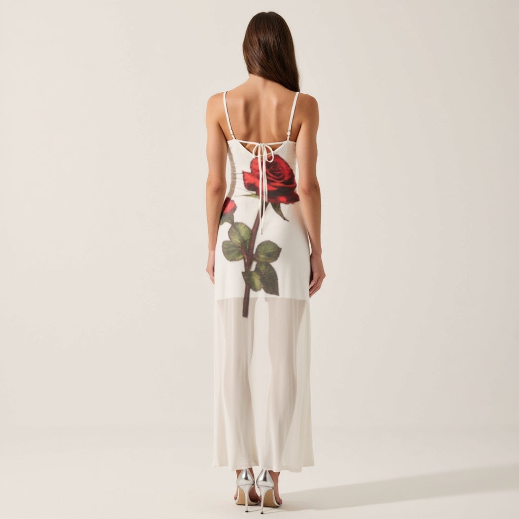 Sheer Rose Print Mesh Maxi Dress with Spaghetti Straps