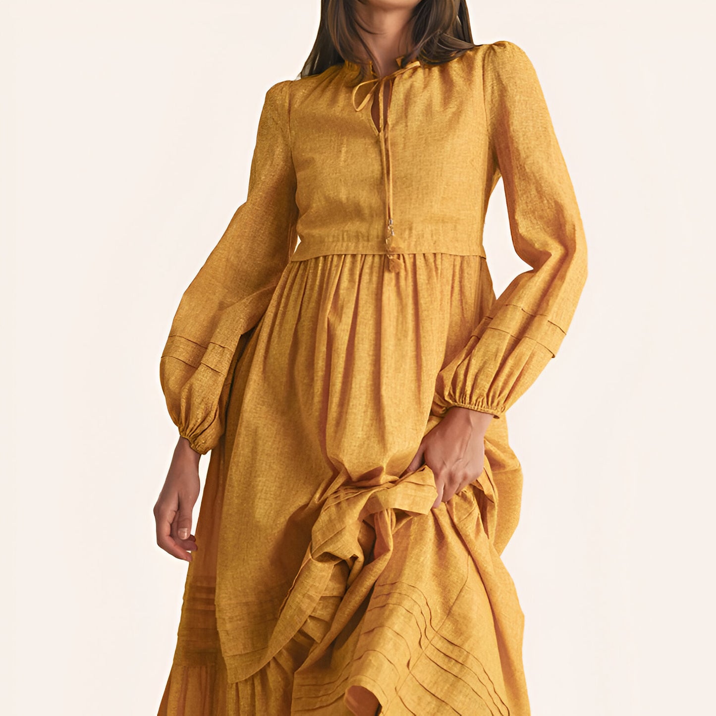 Midi Dress with Shirred Neckline, Tie Front Detail, Long Sleeves, and Tiered Hem