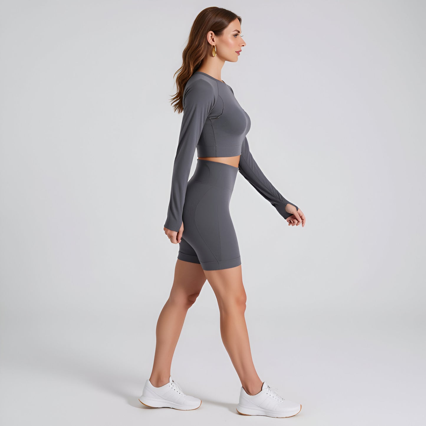 Long Sleeve Seamless Crop Top and High Waist Biker Shorts Active Set