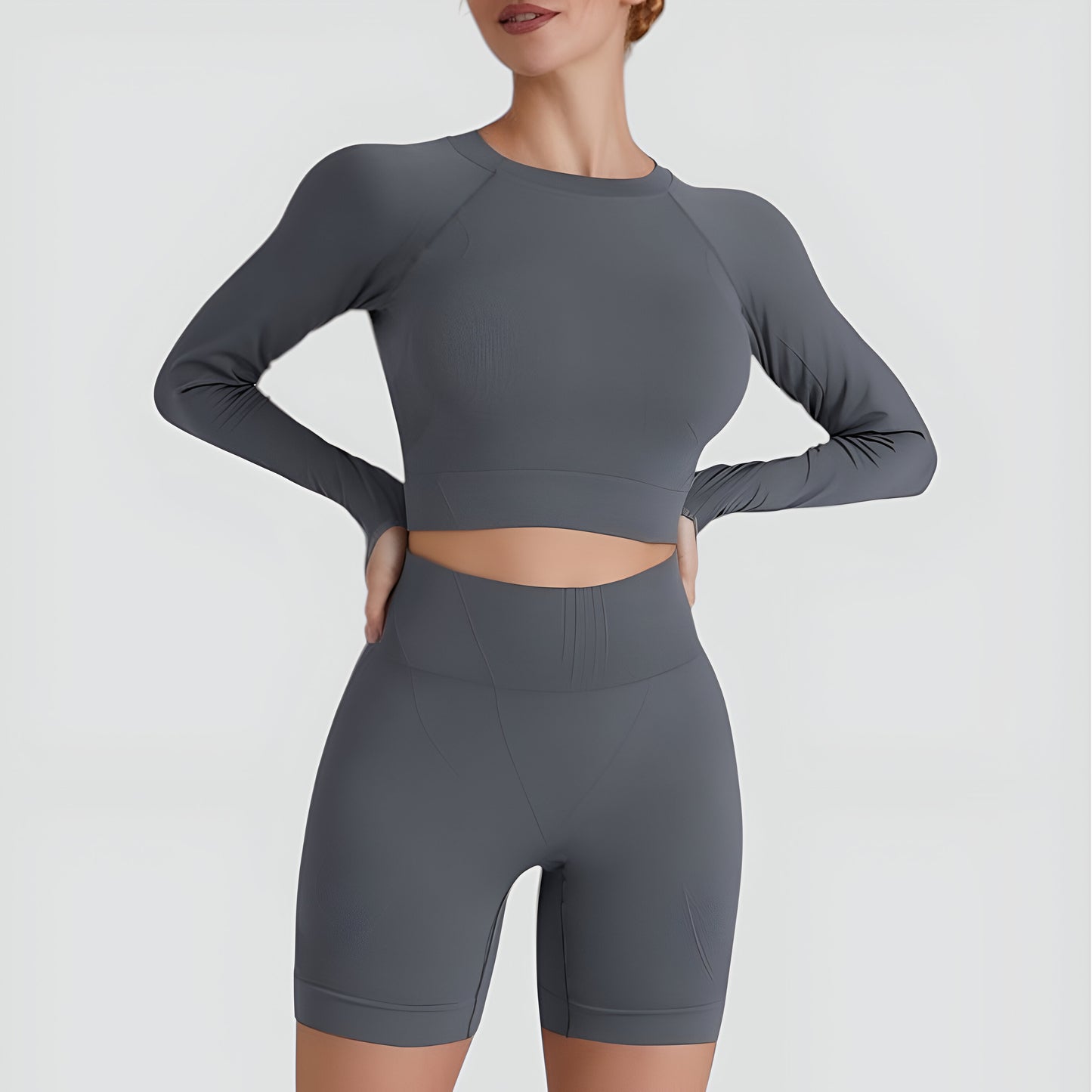 Long Sleeve Seamless Crop Top and High Waist Biker Shorts Active Set