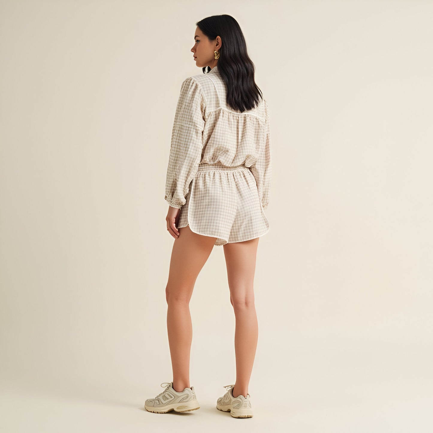 Gingham Pleated Running Shorts with Contrast Trim and High Elastic Waistband