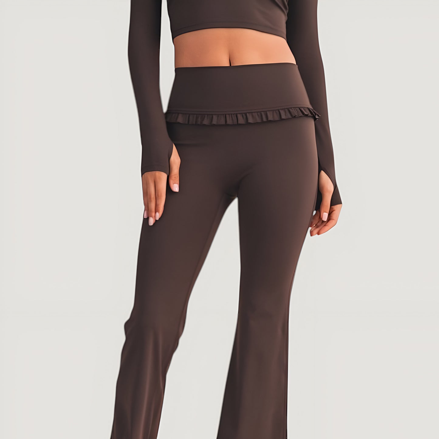 High Waist Flare Pants with Ruffle Trim Waist and Stretch Fit