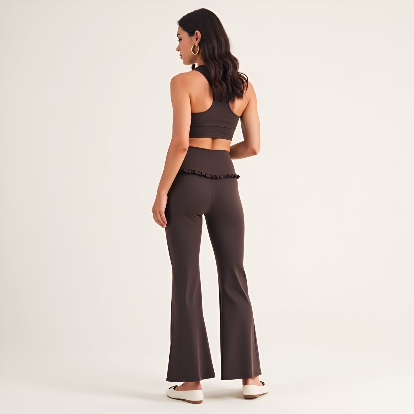 High Waist Flare Pants with Ruffle Trim Waist and Stretch Fit