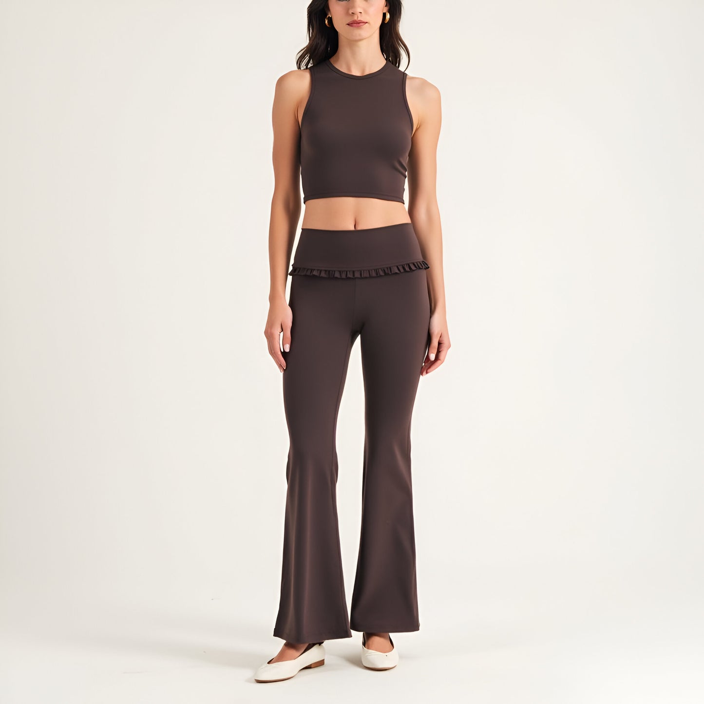 High Waist Flare Pants with Ruffle Trim Waist and Stretch Fit