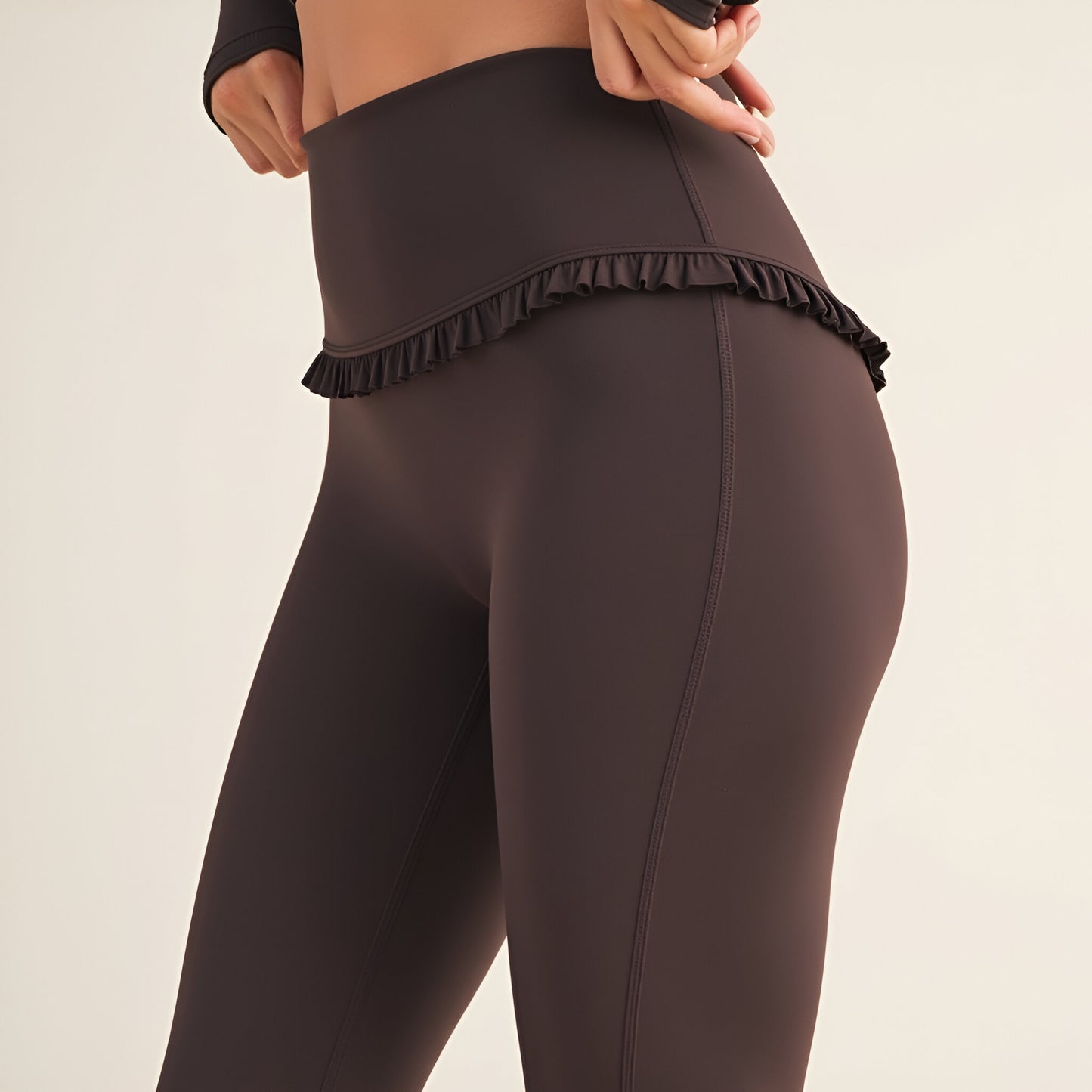 High Waist Flare Pants with Ruffle Trim Waist and Stretch Fit