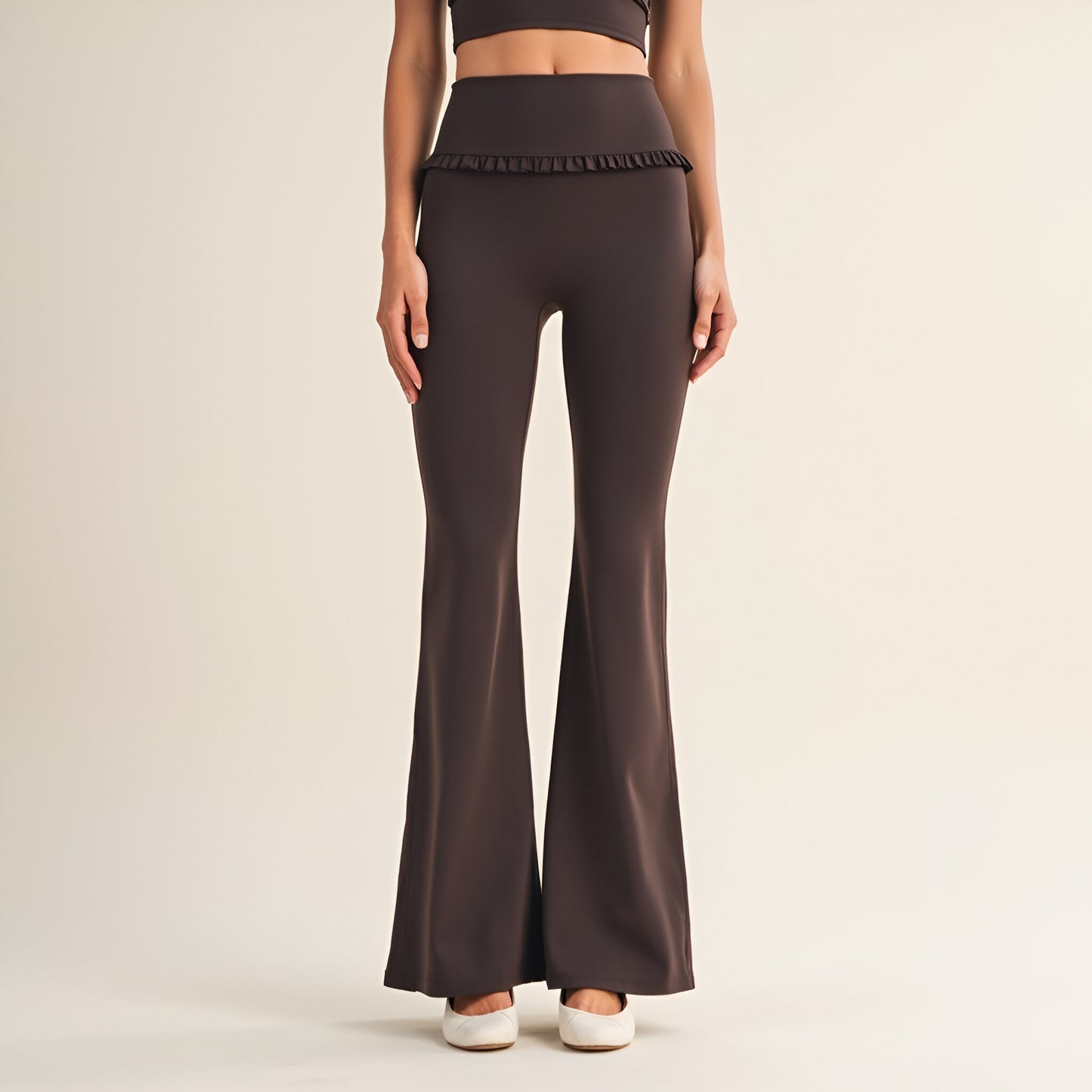 High Waist Flare Pants with Ruffle Trim Waist and Stretch Fit