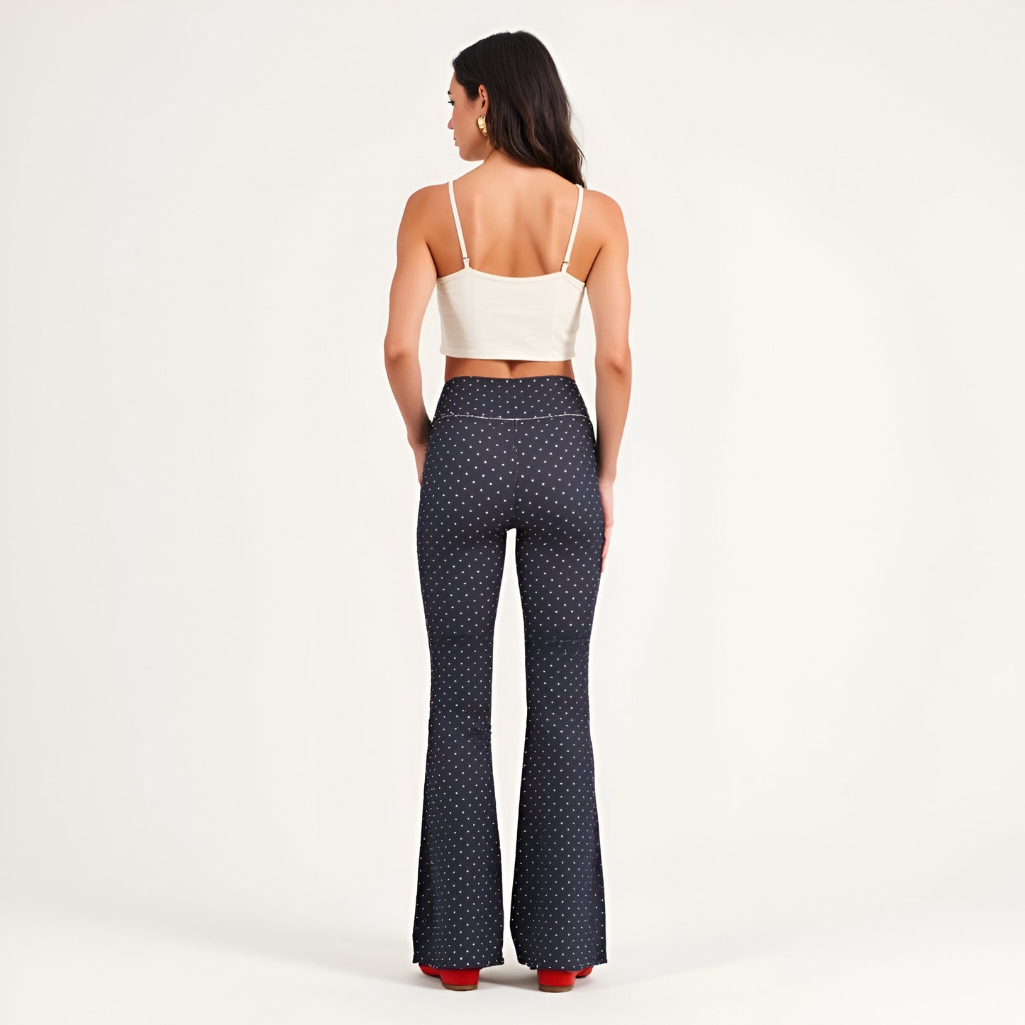 Polka Dot Flare Leg Pants with High Waistband and Contrast Stitch Detail