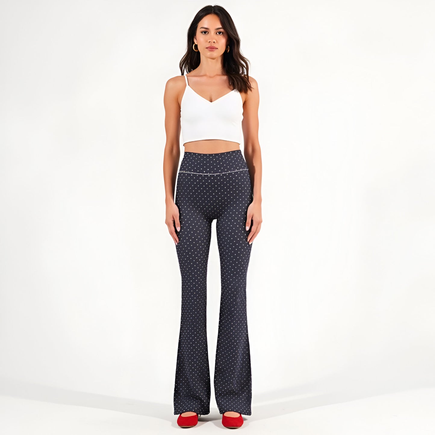 Polka Dot Flare Leg Pants with High Waistband and Contrast Stitch Detail